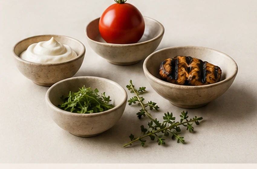 Bowls of tomato, cream, char and fresh herbs