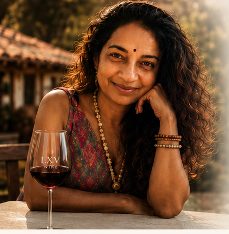 Neeta Mittal of LXV Wine with a glass of red wine