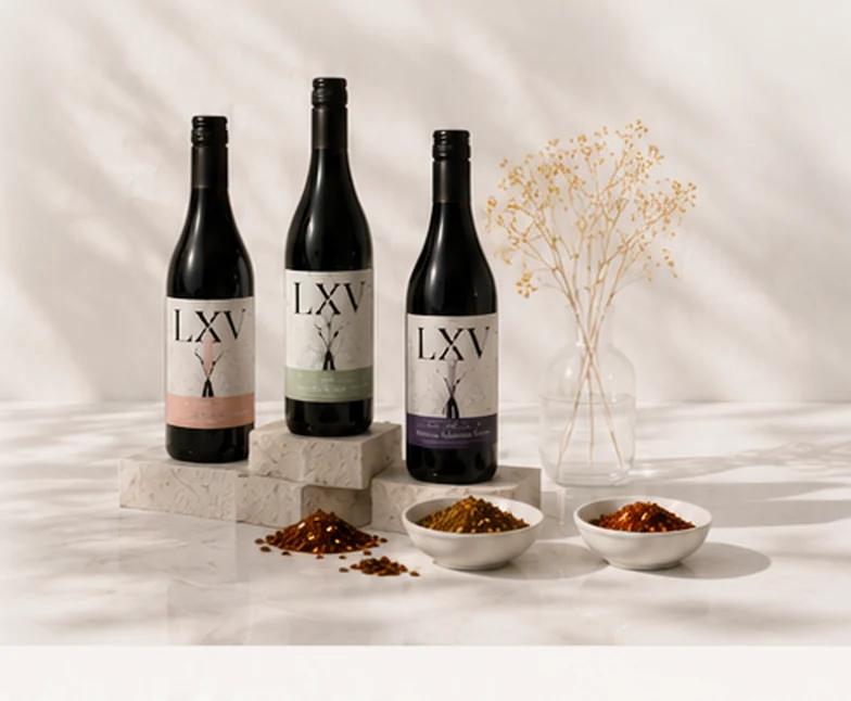Three LXV wines on a stone plinth with paired spice blends
