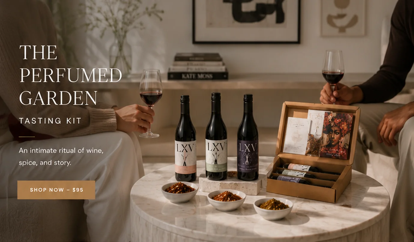 The Perfumed Garden Tasting Kit — three LXV wines, spice blends and book box on a marble table